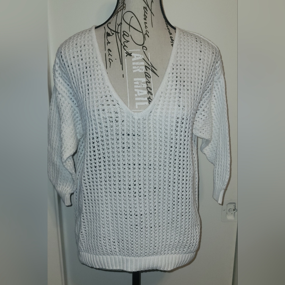 JEANNE PIERRE WHITE OPEN‎ KNIT V NECK SWEATER PULLOVER COASTAL NEUTRAL Sz MED